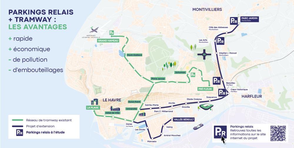 Carte des parkings relais de la future extension du tramway