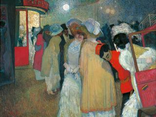femmes en tenue de soirée devant le Moulin Rouge vers 1908-1909