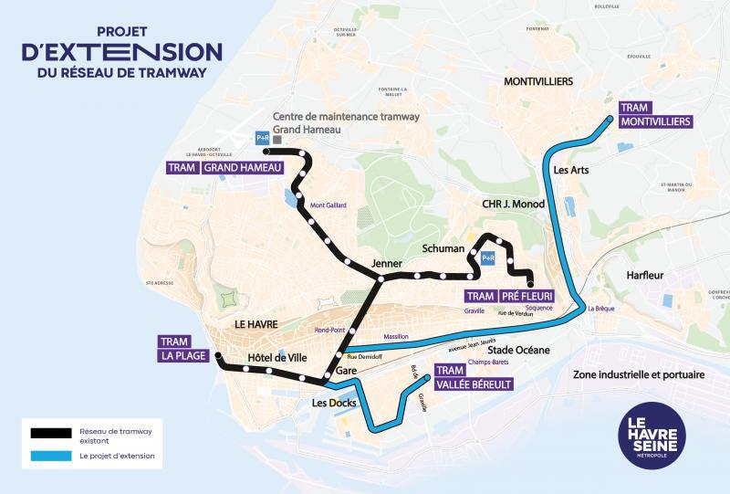 Projet d'extension du tramway : carte des tracés retenus