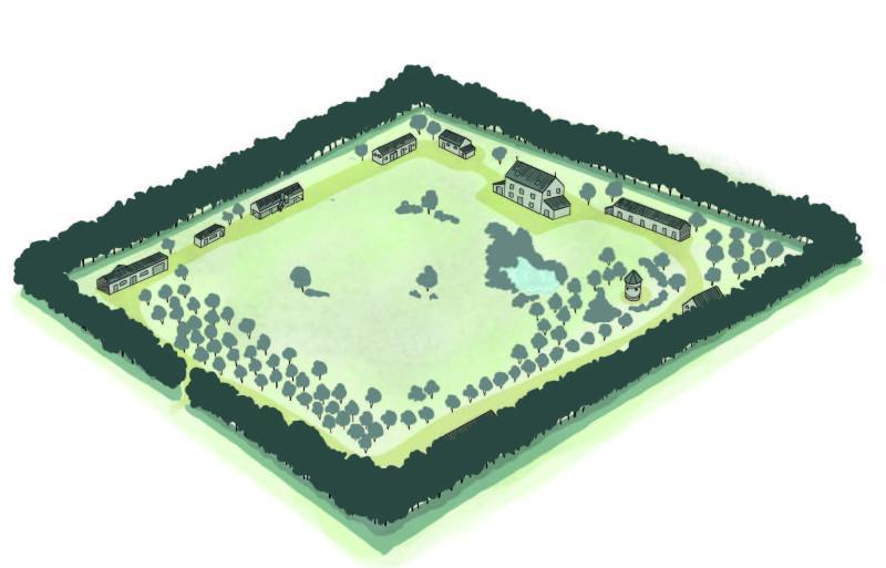 Clos-masure traditionnel organisé autour d'une cour centrale et ceinturé par des alignements d'arbres sur talus