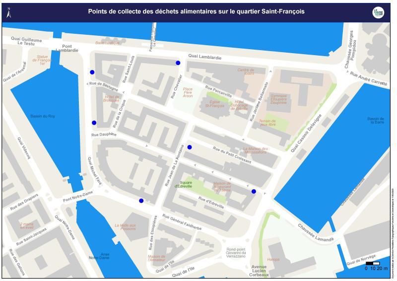 Carte des points de collecte pour les déchets alimentaires dans le quartier Saint-François du Havre