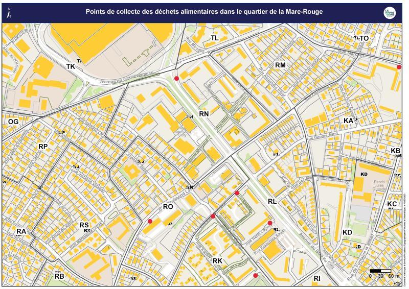 Carte des points de collecte pour les déchets alimentaires dans le quartier de la Mare Rouge au Havre
