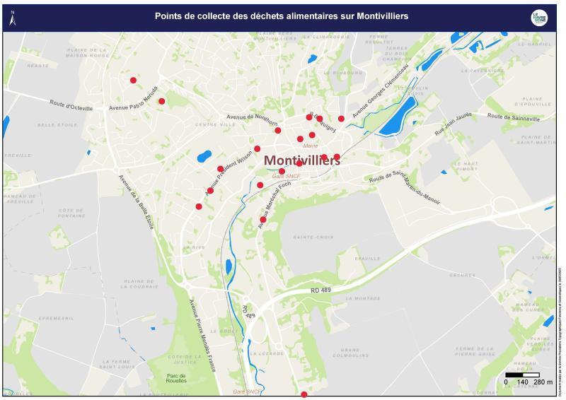 Carte des points de collecte pour les déchets alimentaires à Montivilliers