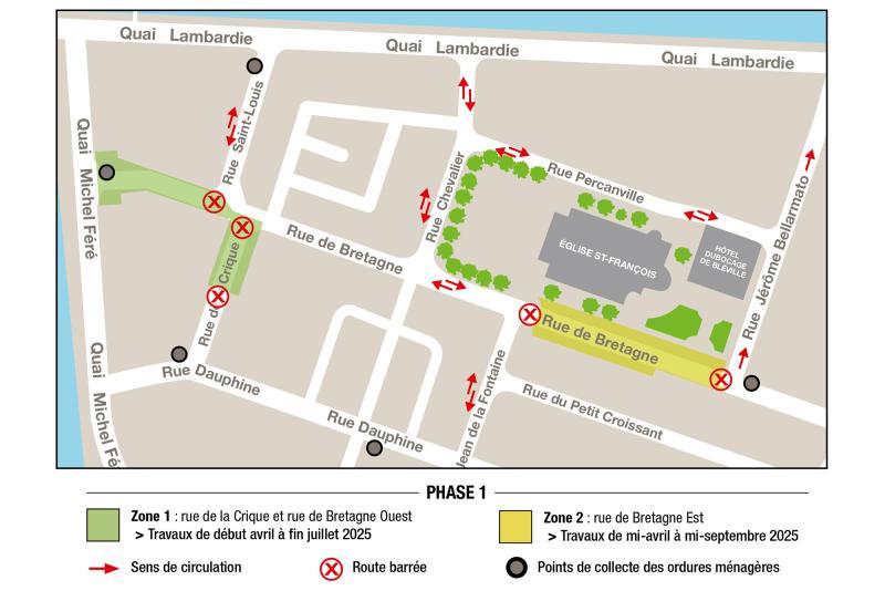 Les 4 zone de la 1ère phase des travaux de requalification des espaces publics du centre-ville reconstruit